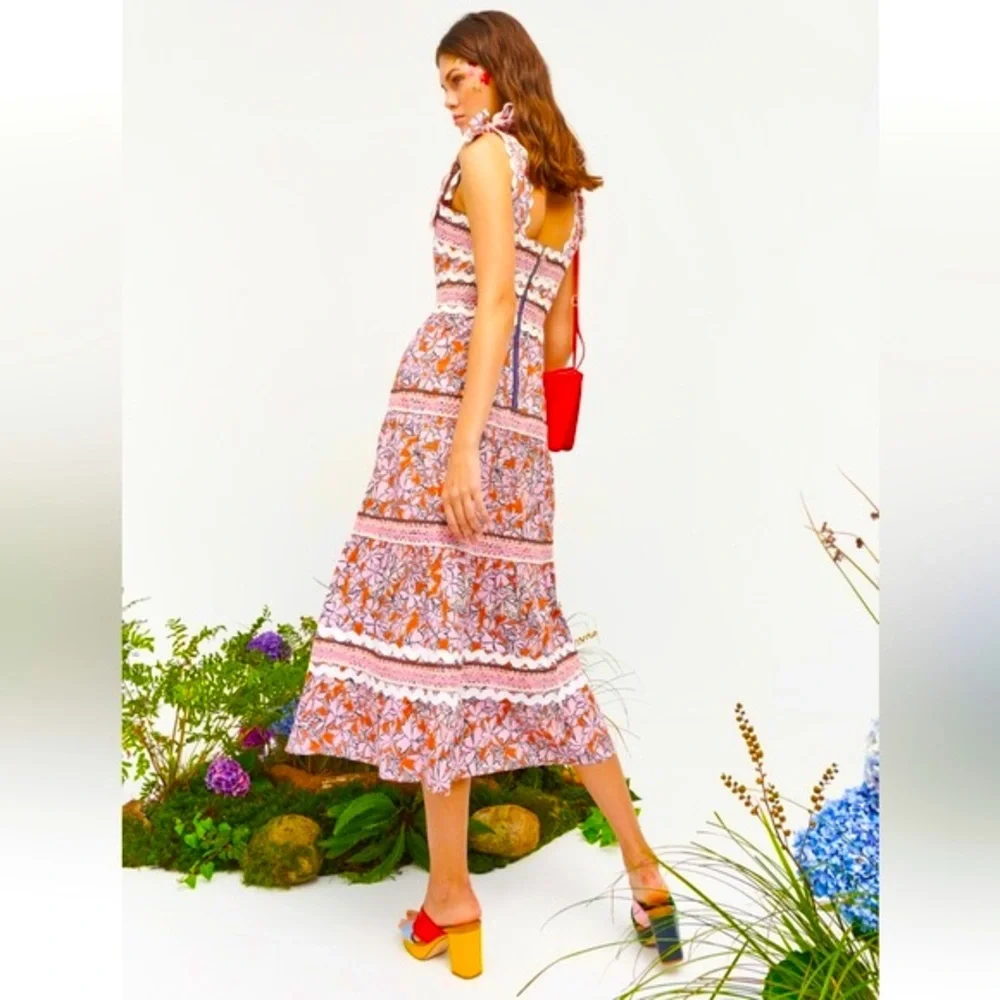 Celia B Floki Tiered Floral Midi Dress With Tie Shoulders Medium NWT - Picture 2 of 14